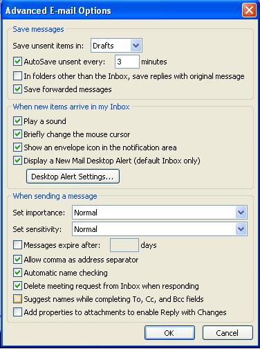 Advance E-mail Option window