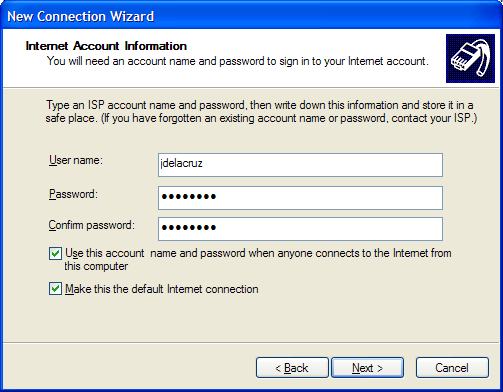 Make New Connection Window - Properties